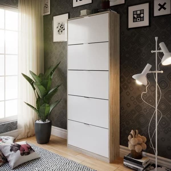 Skoskåp - 5 Dörrar - Ek och vit - 75x24x190 cm - Leona