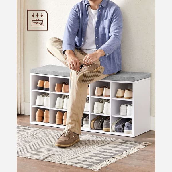 Rootz Skobænk Organizer - Entryway Opbevaringsbænk - Skostativ - Spånpladeskum - Hvid-Grå - 105 cm x 30 cm x 48 cm - 200 kg Max belastningskapacitet