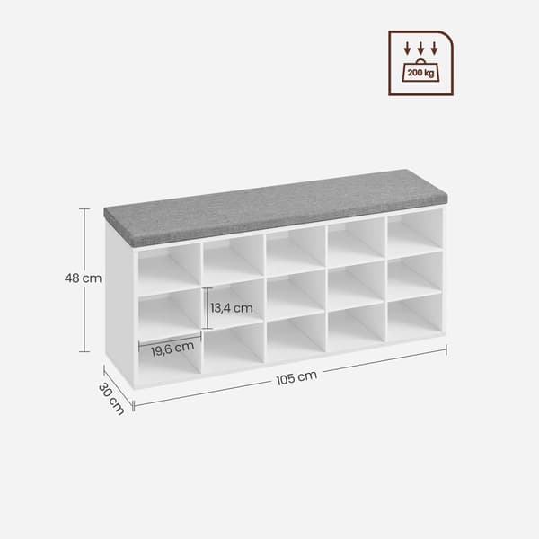 Rootz Skobænk Organizer - Entryway Opbevaringsbænk - Skostativ - Spånpladeskum - Hvid-Grå - 105 cm x 30 cm x 48 cm - 200 kg Max belastningskapacitet