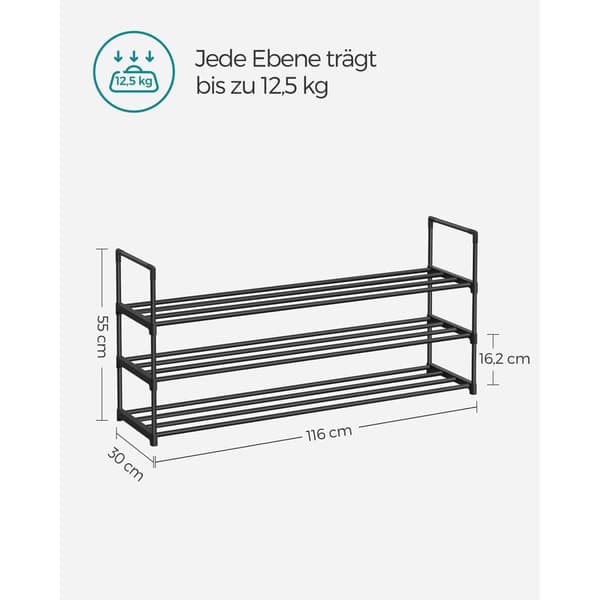 Rootz 3 -tasoinen kenkäteline - Kenkien järjestely - Kenkien säilytys - Metalliputket ja muoviliittimet - 30 cm x 116 cm x 55 cm - Musta - Kevyt - Hel