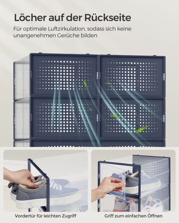 Rootz 12 Pack Skoæske Organizer - Opbevaringsbeholder - Stabelbare æsker - PP-materiale - ABS-ramme - Gennemsigtig antracitblå - 33,5 cm x 23,2 cm x 1