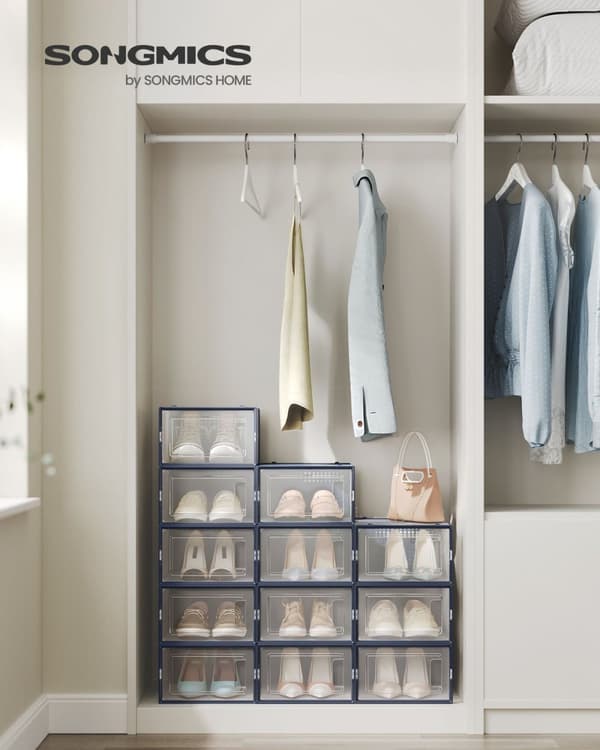 Rootz 12 Pack Skoæske Organizer - Opbevaringsbeholder - Stabelbare æsker - PP-materiale - ABS-ramme - Gennemsigtig antracitblå - 33,5 cm x 23,2 cm x 1