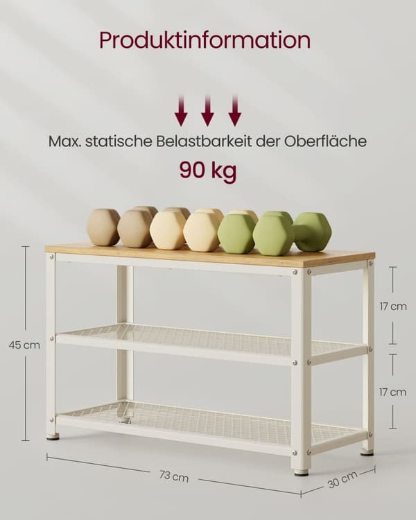 Rootz Skobænk Organizer - Entryway opbevaringsstativ - Spånplade stål - Eg Beige Classic White - 30 cm x 73 cm x 45 cm - Max belastning 90 kg - Nem mo