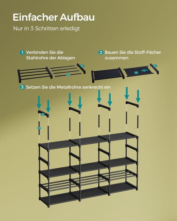 Rootz Skostativ Organizer - Opbevaringsstativ - Skostativ - Stålramme - Ikke-vævede stofhylder - PP plastikforbindelser - 29,5 cm x 129 cm x 157,6 cm
