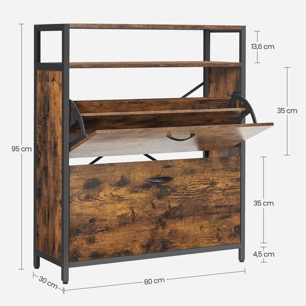 Rootz Vintage Ruskea Musta kenkäkaappi - Säilytysjärjestelmä - Lastulevy Teräs - 20kg Kantavuus - 60cm x 30cm x 95cm