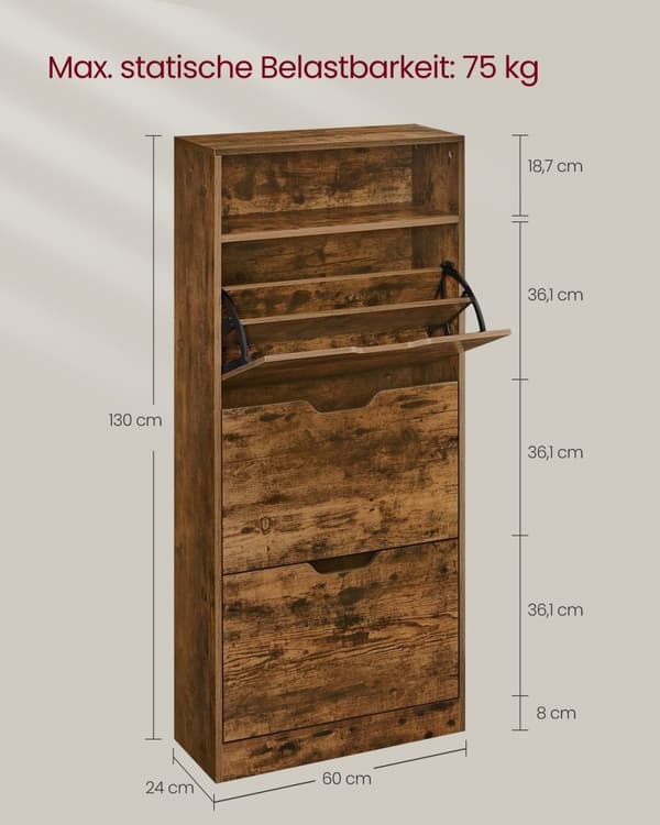 Rootz Vintage Brown Skoskab - Opbevaringsorganisering - Spånplademateriale - 75 kg Kapacitet - 24 x 60 x 130 cm - Entrémøbler - 24,7 kg Vægt - Anti-ti