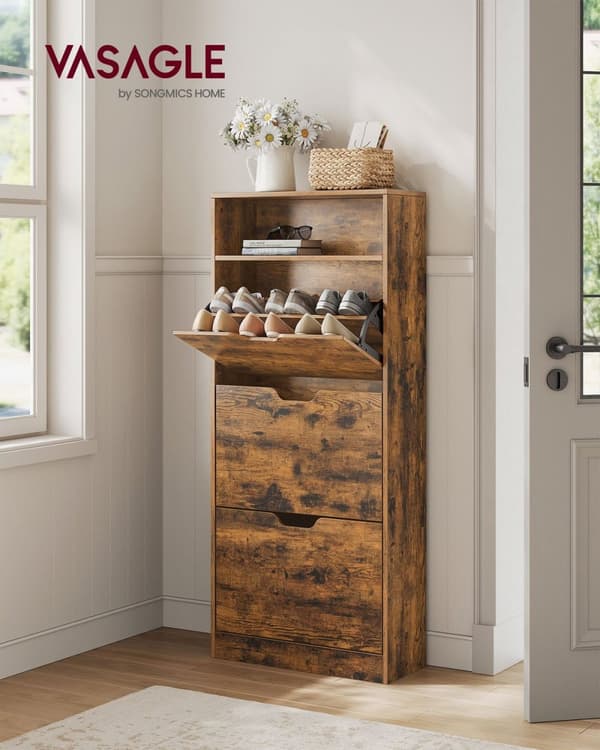 Rootz Vintage Brown Skoskab - Opbevaringsorganisering - Spånplademateriale - 75 kg Kapacitet - 24 x 60 x 130 cm - Entrémøbler - 24,7 kg Vægt - Anti-ti
