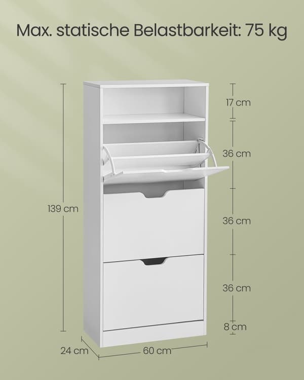 Rootz Skoskåp - Vit spånskiva Förvaringsorganisator - Stort skoställ - Robust konstruktion - Enkel montering - 24cm x 60cm x 139cm