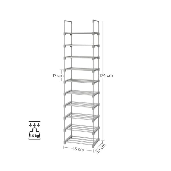Rootz 10-hylde skostativ Organizer - Skoopbevaring - Skostativ - Metalrør - DIY Design - Pladsbesparende - 45cm x 30cm x 174cm