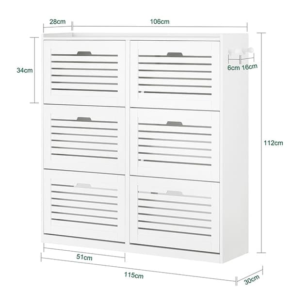 Rootz Skoskab med 6 klapper - Skovipper - Skokommode - Alsidig opbevaring - Pladsbesparende design - Nem montering - Hvid - 115 cm x 112 cm x 30 cm