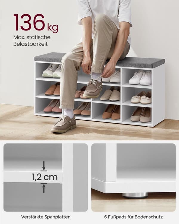 Rootz skobænk med opbevaring - Entryway Organizer - Klassisk hvid - Spånplade - Skum - Imiteret linnedbetræk - 30,3 cm x 78,5 cm x 48 cm - 136 kg Max