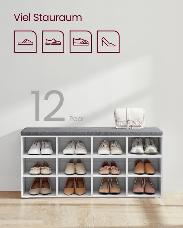 Rootz skobænk med opbevaring - Entryway Organizer - Klassisk hvid - Spånplade - Skum - Imiteret linnedbetræk - 30,3 cm x 78,5 cm x 48 cm - 136 kg Max