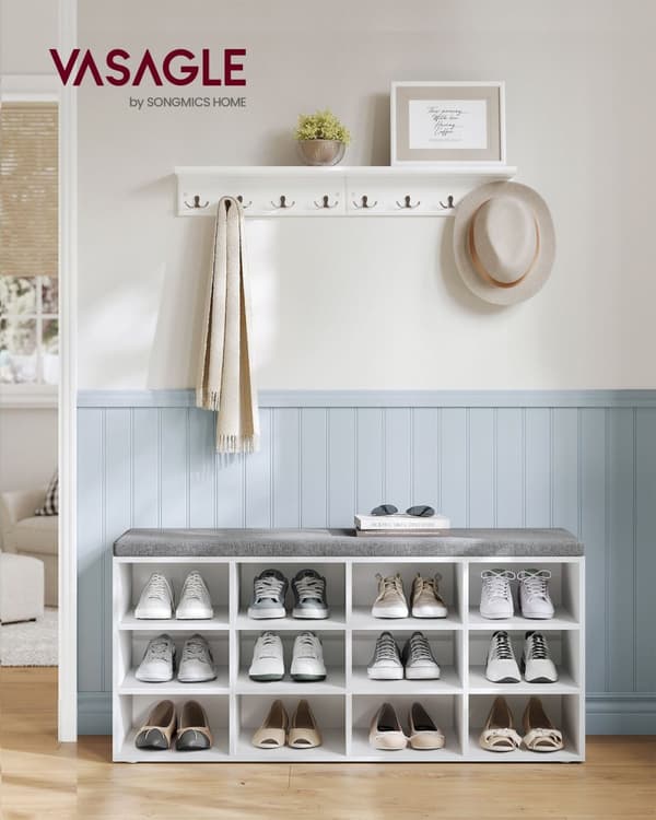 Rootz skobænk med opbevaring - Entryway Organizer - Klassisk hvid - Spånplade - Skum - Imiteret linnedbetræk - 30,3 cm x 78,5 cm x 48 cm - 136 kg Max