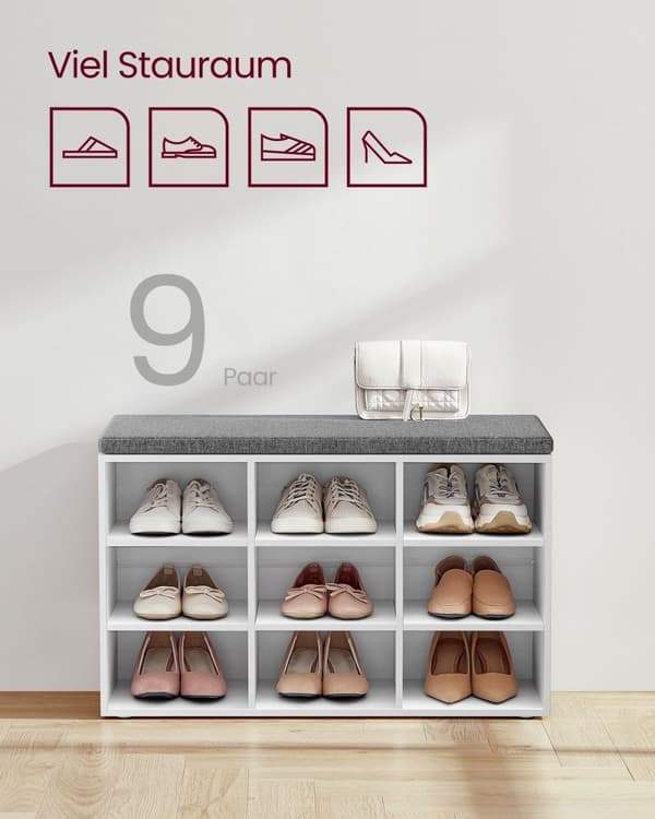 Rootz Skobänk med förvaring - Entrébänk - Skoorganisator - Spånskiva och skum - 30,3 cm x 78,5 cm x 48 cm - Molnvit och Duvgrå - Max. Statisk lastkapa