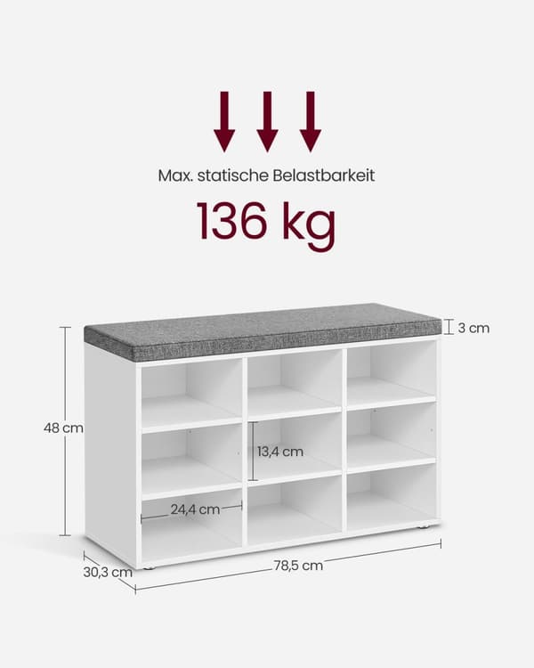 Rootz Skobänk med förvaring - Entrébänk - Skoorganisator - Spånskiva och skum - 30,3 cm x 78,5 cm x 48 cm - Molnvit och Duvgrå - Max. Statisk lastkapa
