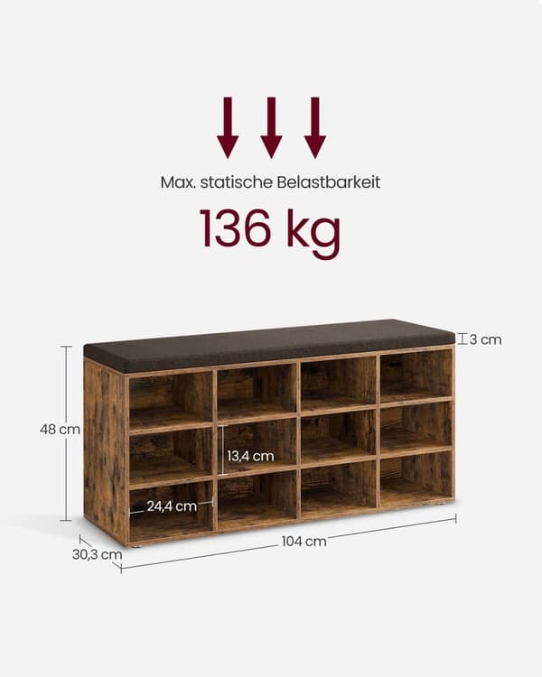 Rootz Vintage Brown kenkäpenkki säilytystilalla - Ottomaanit - Sisääntulopenkki - Lastulevy - Vaahtomuovi - Pellavakuori - 30,3 cm x 104 cm x 48 cm -