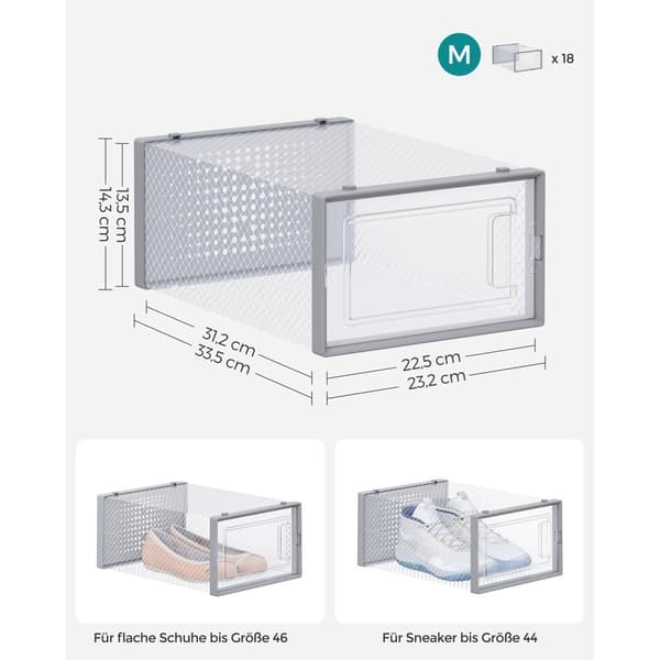 Rootz 18-pack skokartong - Förvaringsbehållare - Stapelbara lådor - Transparent grå - PP-material - ABS-ram - 33,5 cm x 23,2 cm x 14,3 cm - Organisera