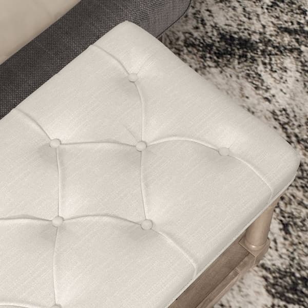 Rootz bænk med opbevaringsplads - Vintage skobænk - Gangbænk - Elegant design - Knapsyning - Gummitrætræ - 115 cm x 40 cm x 48 cm - Cremehvid