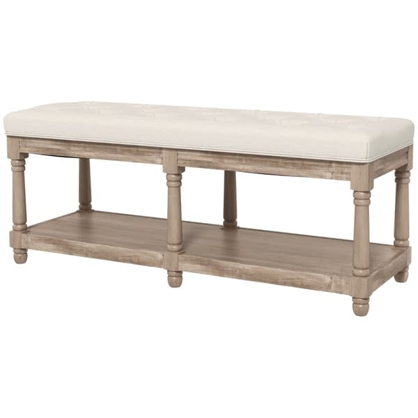Rootz-bänk med förvaringsutrymme - Vintage skobänk - Hallbänk - Elegant design - Knappsömmar - Gummiträd - 115 cm x 40 cm x 48 cm - Krämvit