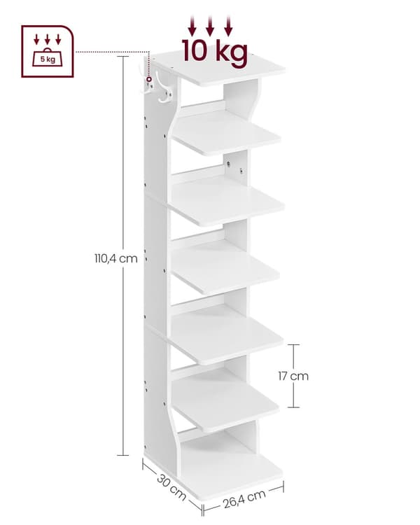 Rootz spånskiva skoställ - Vit skohållare - Förvaringsställ - Robust konstruktion - Enkel montering - Platssparande - 30 cm x 26,4 cm x 110,4 cm