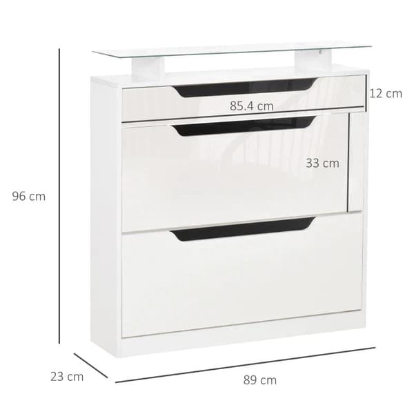 Rootz Skoskåp - Skoskåp med tre lådor - Skoställ - Tipphink med lucka - Glasskiva & justerbar hylla - Vit - 89 x 23 x 96 cm