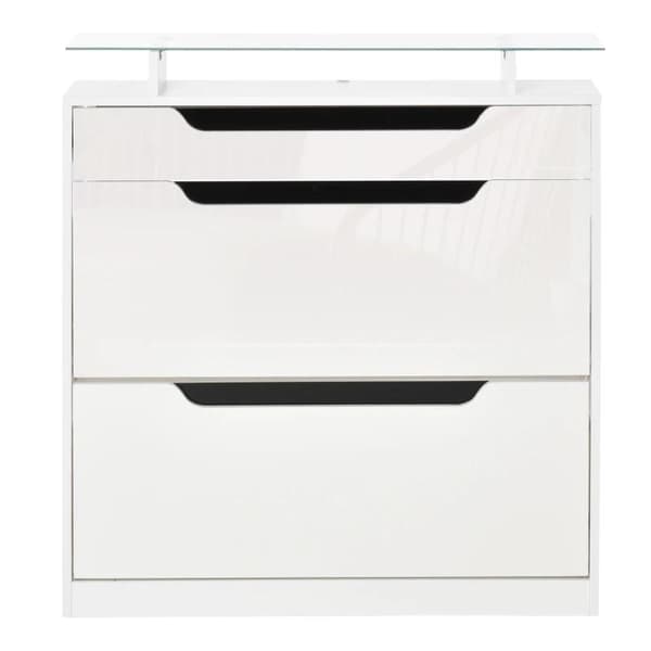 Rootz Skoskåp - Skoskåp med tre lådor - Skoställ - Tipphink med lucka - Glasskiva & justerbar hylla - Vit - 89 x 23 x 96 cm