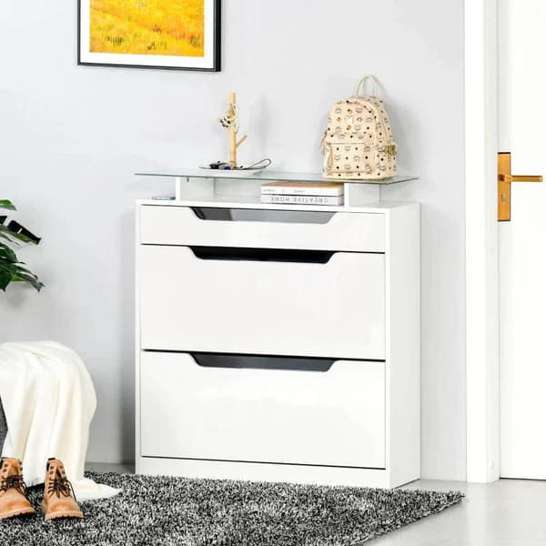 Rootz Skoskåp - Skoskåp med tre lådor - Skoställ - Tipphink med lucka - Glasskiva & justerbar hylla - Vit - 89 x 23 x 96 cm