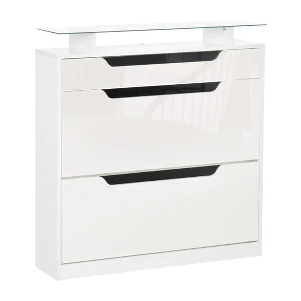 Rootz Skoskåp - Skoskåp med tre lådor - Skoställ - Tipphink med lucka - Glasskiva & justerbar hylla - Vit - 89 x 23 x 96 cm