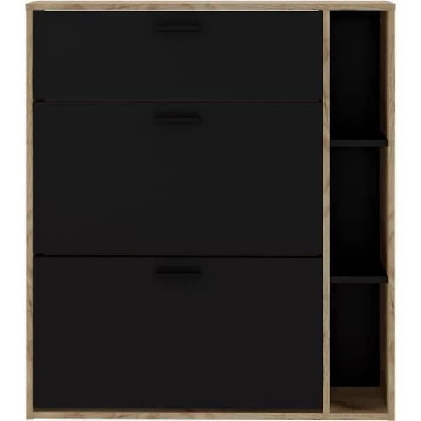 LEONA 2-dörrars skoskåp - Svart melamin och rustik ekkontur - 8 till 10 par - L90 x D25 x H102 cm