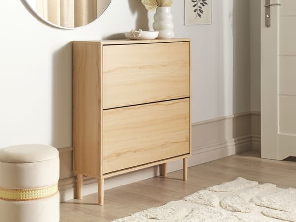Skoskåp Ljust Trä Spånskiva Ben i Gummiträ 2 Lådor Modern Naturlig Design Hall