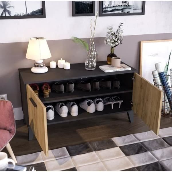 THEO 2 Dörrsskoskåp - Rustik ekmelamin och svart kontur - 8 till 10 par - L100 x D40 x H52 cm