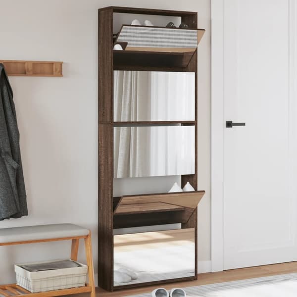 skoskab med spejl og 5 hylder 63x17x169,5 cm brun egetræsfarve