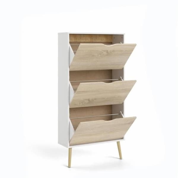 Skoskåp - Vit / Ek - 12 par - Utsvängd bas i massivt trä - 70,2 x 23,9 x 138,9 cm