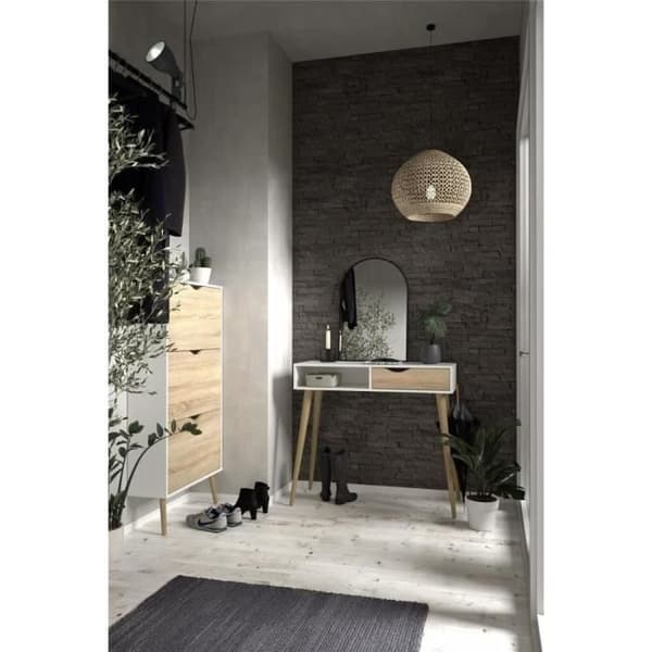 Skoskåp - Vit / Ek - 12 par - Utsvängd bas i massivt trä - 70,2 x 23,9 x 138,9 cm