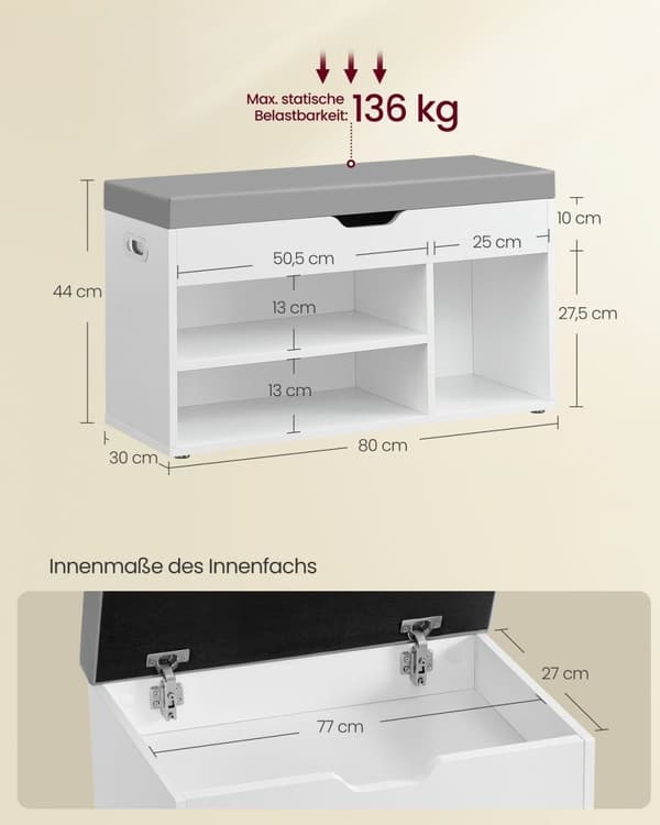 Rootz skostativbænk - Opbevaringsbænk - Skobeholder - Spånplademateriale - 30 cm x 80 cm x 44 cm - Cloud White - 150 kg Kapacitet