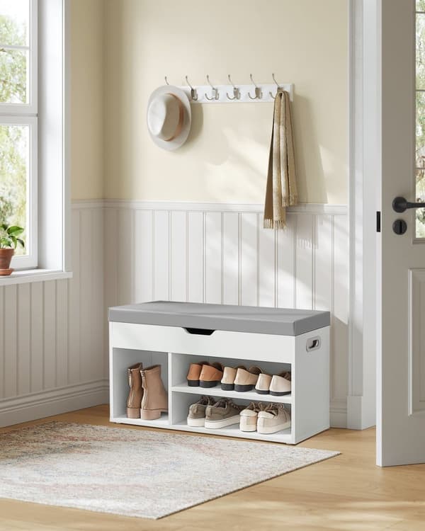 Rootz skostativbænk - Opbevaringsbænk - Skobeholder - Spånplademateriale - 30 cm x 80 cm x 44 cm - Cloud White - 150 kg Kapacitet