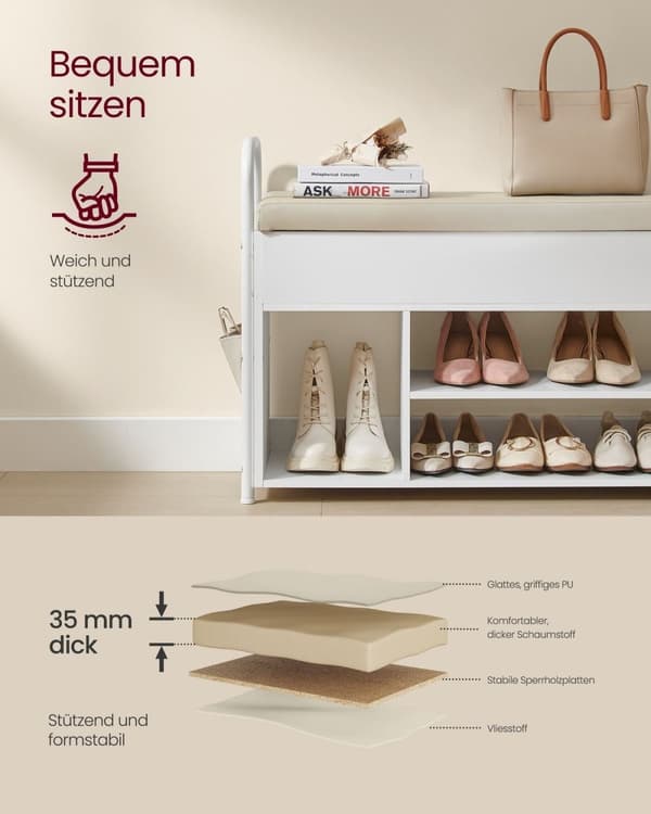Rootz Skobänk med förvaring - Entré ottomansk - Vadderad sits - Spånskiva och stål - 30 cm x 80,6 cm x 62,5 cm - Cloud White-Cappuccino Beige