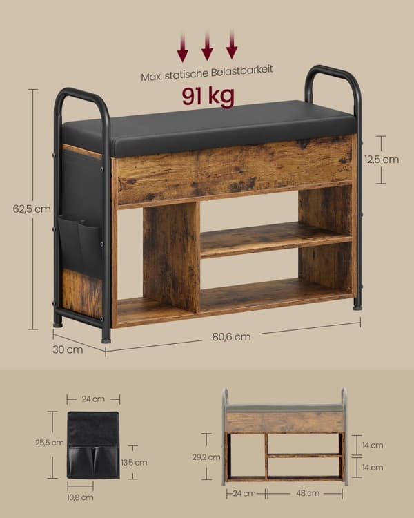 Rootz-kenkäpenkki - Vintage Ruskea - Muste musta - Sisääntulojärjestin - 30 cm x 80,6 cm x 62,5 cm - Lastulevy, teräs, PU - Suurin kuormitus 91 kg