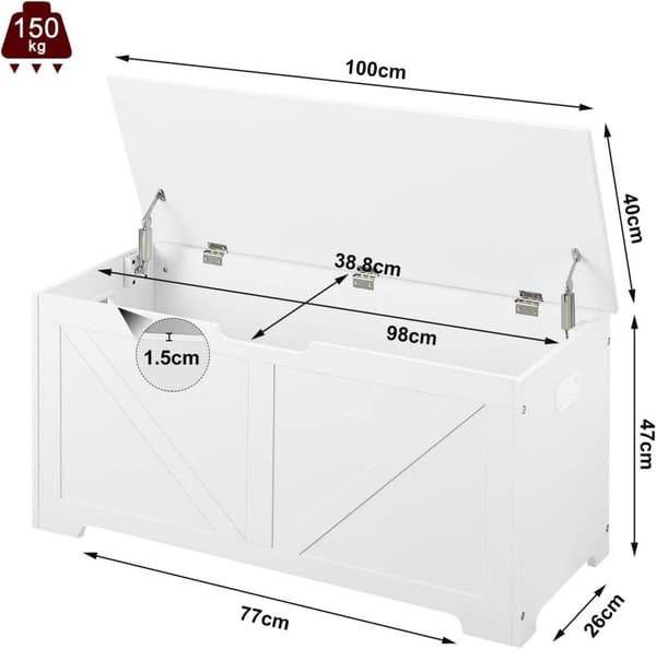 Rootz hvid skobænk med opbevaring - Sengebænk - osmannisk - 76L skjult opbevaring - Robust konstrueret træ - 100 cm x 47 cm x 40 cm