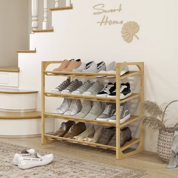 Rootz bambus skostativ - skostativ i naturtræ - 12 par opbevaring - Kompakt design - Let skrånende hylder - 76 cm x 33 cm x 67 cm