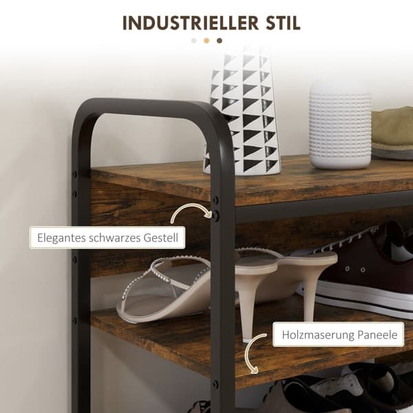 Rootz industrielt skostativ - 4-lags skostativ - Trækornet og sort stel - Åbent design - Holder 11 par - Robust stålramme - 70 cm x 30 cm x 65 cm