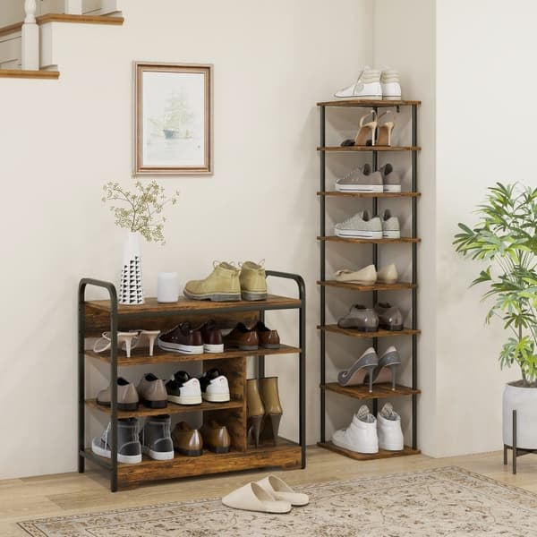 Rootz industrielt skostativ - 4-lags skostativ - Trækornet og sort stel - Åbent design - Holder 11 par - Robust stålramme - 70 cm x 30 cm x 65 cm
