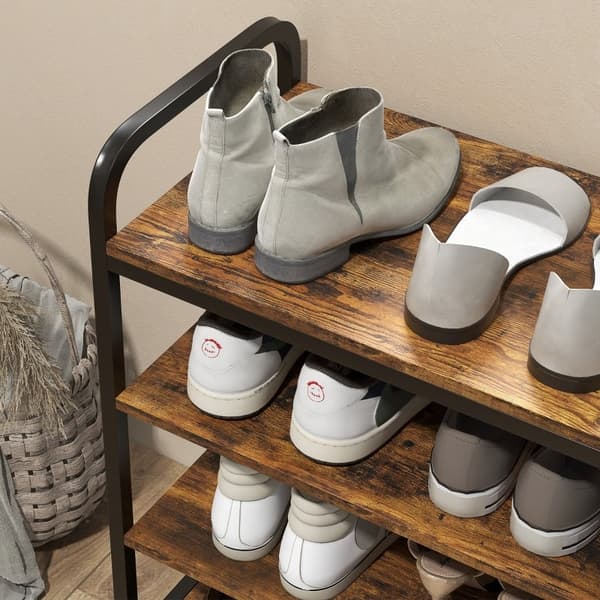 Rootz industrielt skostativ - 4-lags skostativ - Trækornet og sort stel - Åbent design - Holder 11 par - Robust stålramme - 70 cm x 30 cm x 65 cm