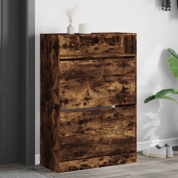 Skoskåp med 2 flip-lådor rökfärgad ek 80x34x116 cm