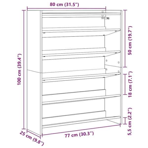 vidaXL Skohylle brun eik 80x25x100 cm konstruert tre
