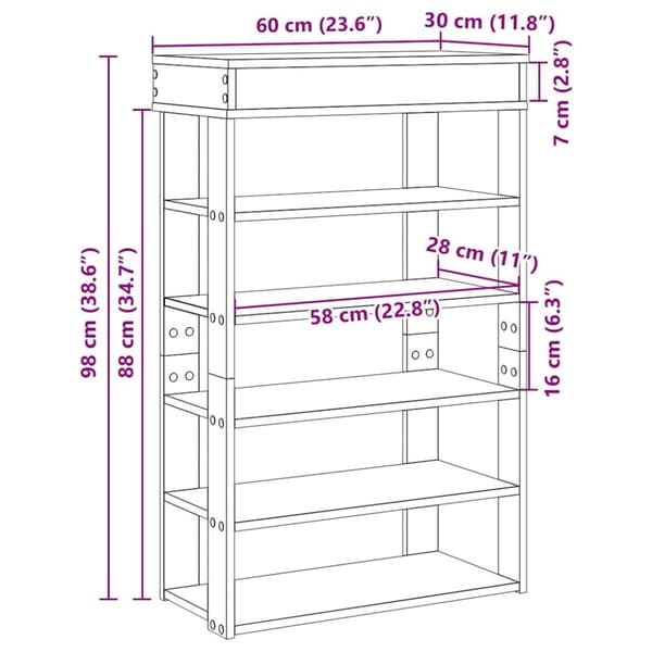 vidaXL Skohylle betonggrå 60x30x98 cm konstruert tre