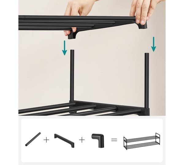 Rootz 3-lags skostativ - Stabelbar skoholder - Metalskohylde - Sort - 30 cm x 116 cm x 55 cm - Letvægts - Nem montering