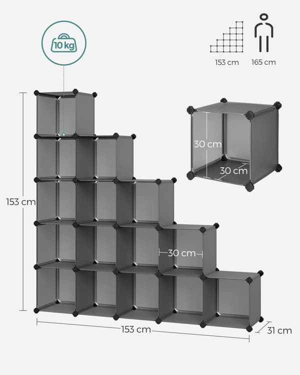 Rootz DIY skostativ med 16 terninger - Organizer - Opbevaringsløsning - Grå - PP plastmateriale - 123 cm x 31 cm x 123 cm - Nem montering