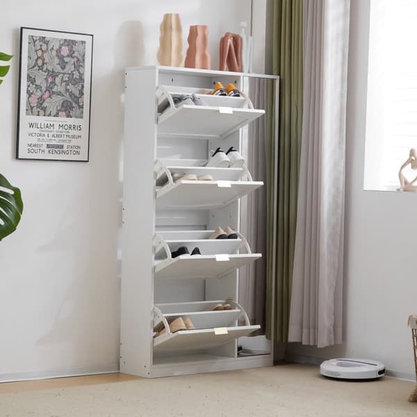 SCHUHSCHRANK WEISS MIT SPIEGEL 4 KLAPPFÄCHER/VERSTELLBARES REGAL B80/H147/T24