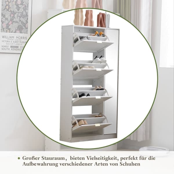 SCHUHSCHRANK WEISS MIT SPIEGEL 4 KLAPPFÄCHER/VERSTELLBARES REGAL B80/H147/T24